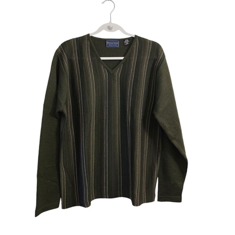 Florence Tricot Sweater Mens Medium Green Striped V-Neck Wool Knit‎ Pullover